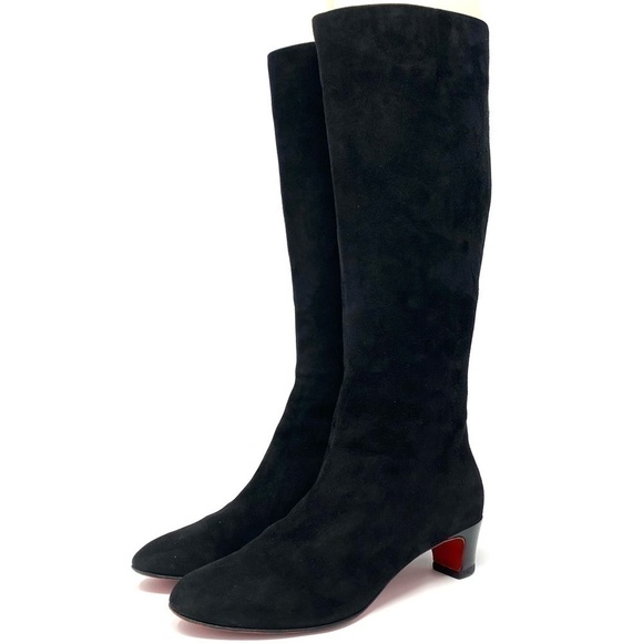 CHRISTIAN LOUBOUTIN TALL KNEE HIGH LOW HEELS RIDING BOOTS BLACK SUEDE SZ 6.5 - Picture 2 of 15